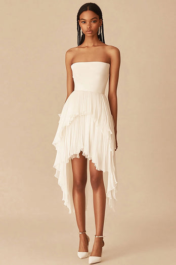 White Chiffon Strapless Asymmetrical Pleated Graduation Dress