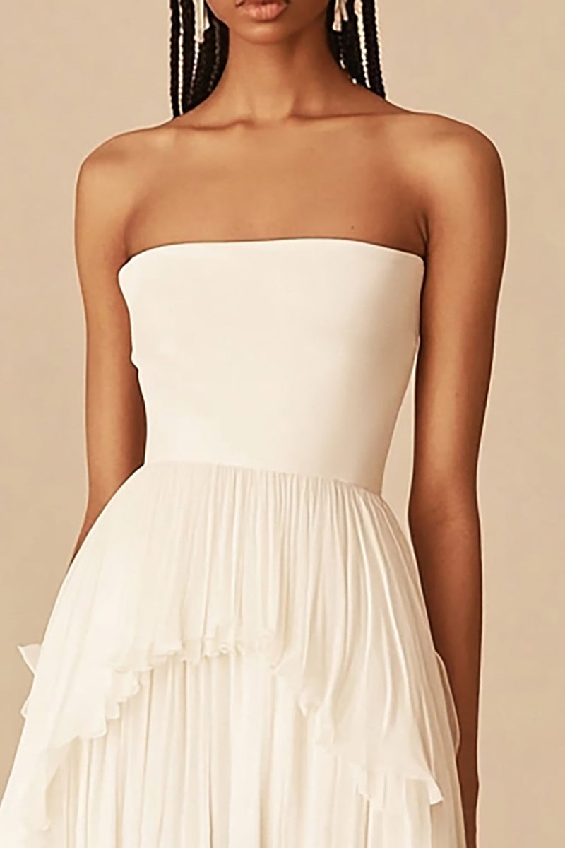 Load image into Gallery viewer, White Chiffon Strapless Asymmetrical Pleated Graduation Dress