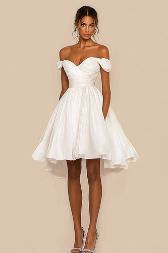 White A Line Chiffon Pleated Off the Shoulder Graduation Dress