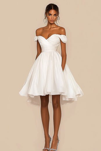 White A Line Chiffon Pleated Off the Shoulder Graduation Dress