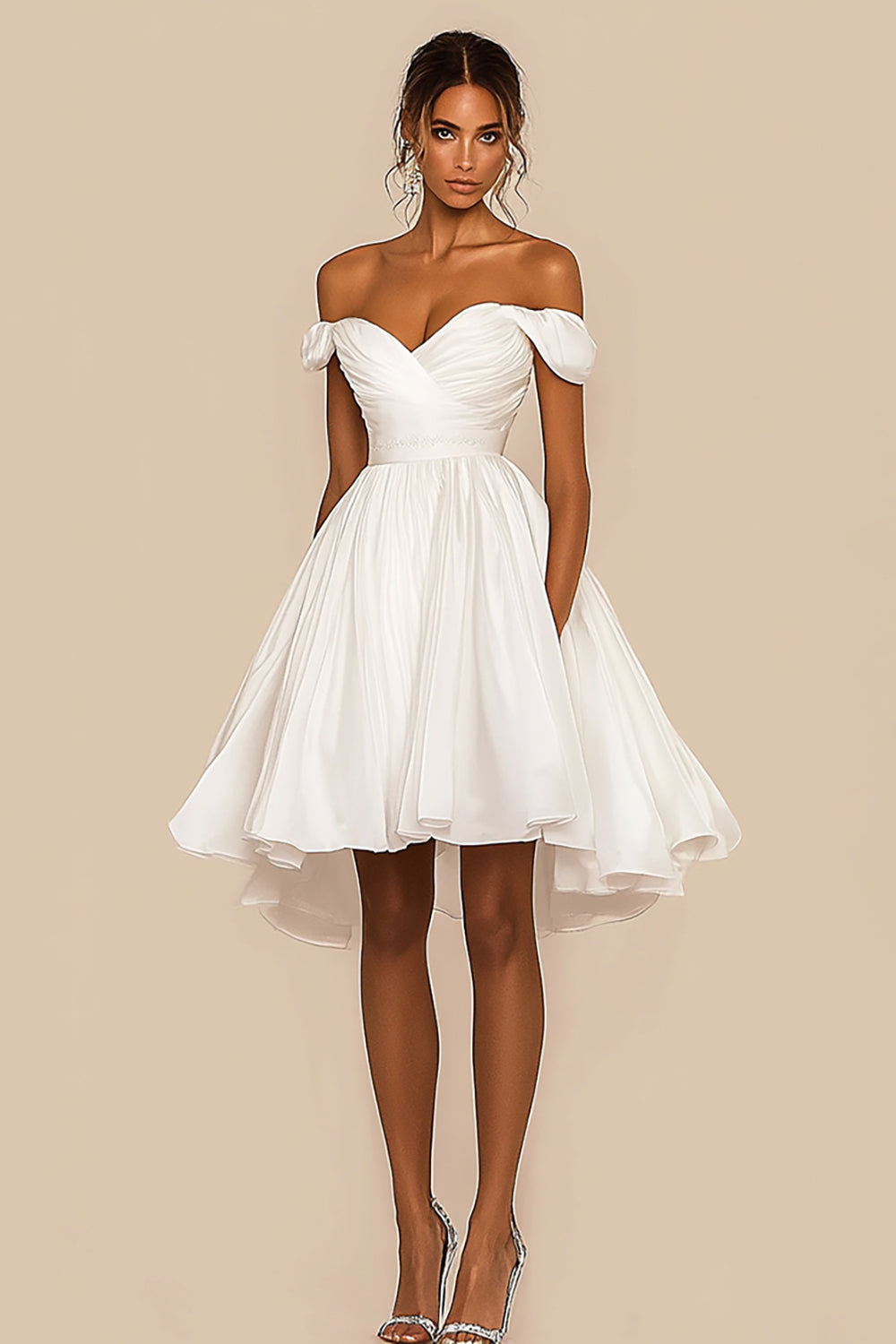 White A Line Chiffon Pleated Off the Shoulder Graduation Dress