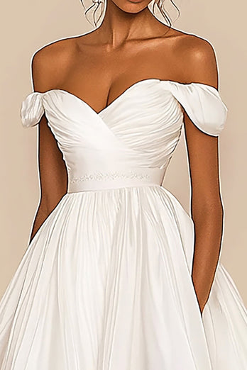 White A Line Chiffon Pleated Off the Shoulder Graduation Dress