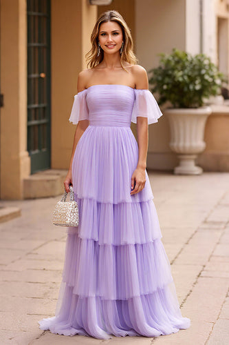 Lilac Chiffon Tiered Pleated A Line Long Prom Dress