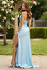 Load image into Gallery viewer, Sky Blue A Line Satin Cut-Out Long Prom Dress with Slit