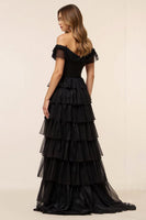 Load image into Gallery viewer, Chiffon A Line Tiered Long Black Tie Dress with Slit
