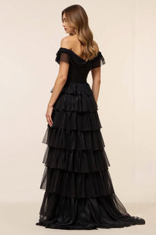 Chiffon A Line Tiered Long Black Tie Dress with Slit