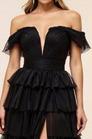 Load image into Gallery viewer, Chiffon A Line Tiered Long Black Tie Dress with Slit