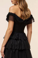 Load image into Gallery viewer, Chiffon A Line Tiered Long Black Tie Dress with Slit