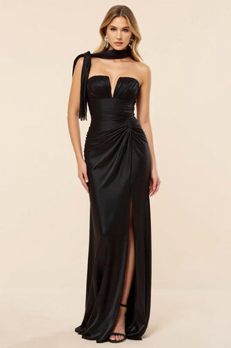 Sheath Satin Ruched Long Black Tie Dress with Slit