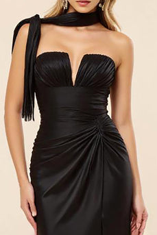 Sheath Satin Ruched Long Black Tie Dress with Slit