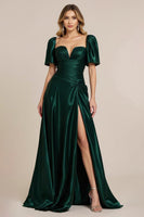 Load image into Gallery viewer, Dark Green Satin A Line Ruched Long Prom Dress with Slit