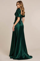 Load image into Gallery viewer, Dark Green Satin A Line Ruched Long Prom Dress with Slit