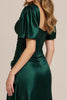 Load image into Gallery viewer, Dark Green Satin A Line Ruched Long Prom Dress with Slit