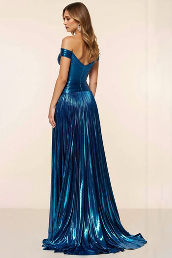 Peacock Blue A Line Satin Pleated Off the Shoulder Long Prom Dress