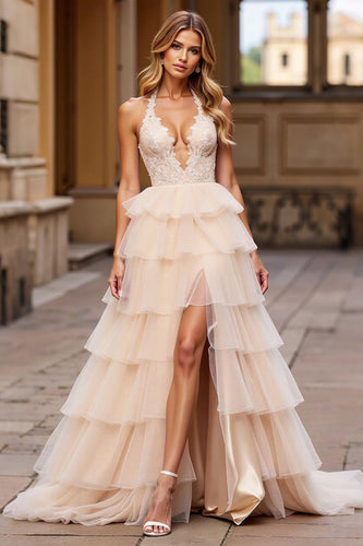 Pink Tulle Ball Gown Tiered Long Prom Dress with Lace