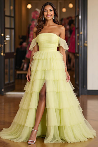 Lemon Yellow Tulle Ball Gown Tiered Long Prom Dress with Slit