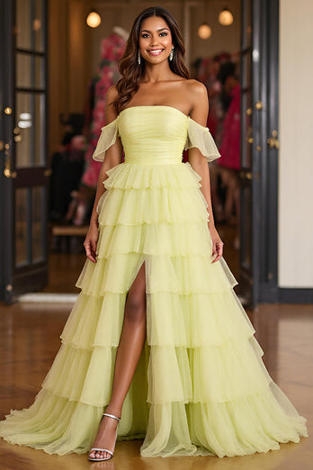 Lemon Yellow Tulle Ball Gown Tiered Long Prom Dress with Slit