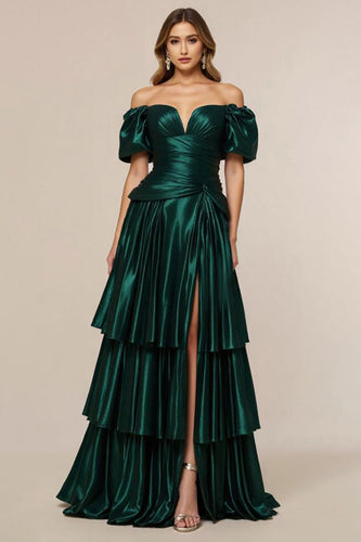 Dark Green A Line Pleated Tiered Long Prom Dress with Slit