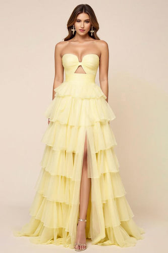 Daffodil Ball Gown Tulle Keyhole Long Prom Dress with Slit