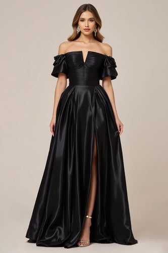 Satin A Line Off the Shoulder Long Black Tie Dress with Slit