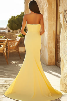 Yellow Satin Mermaid Strapless Long Prom Dress with Slit