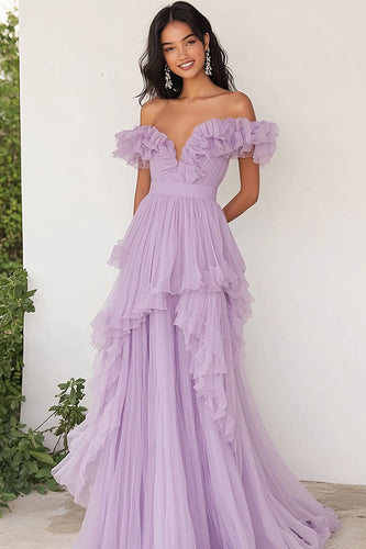 Lilac Chiffon A Line Asymmetrical Long Prom Dress with Ruffles