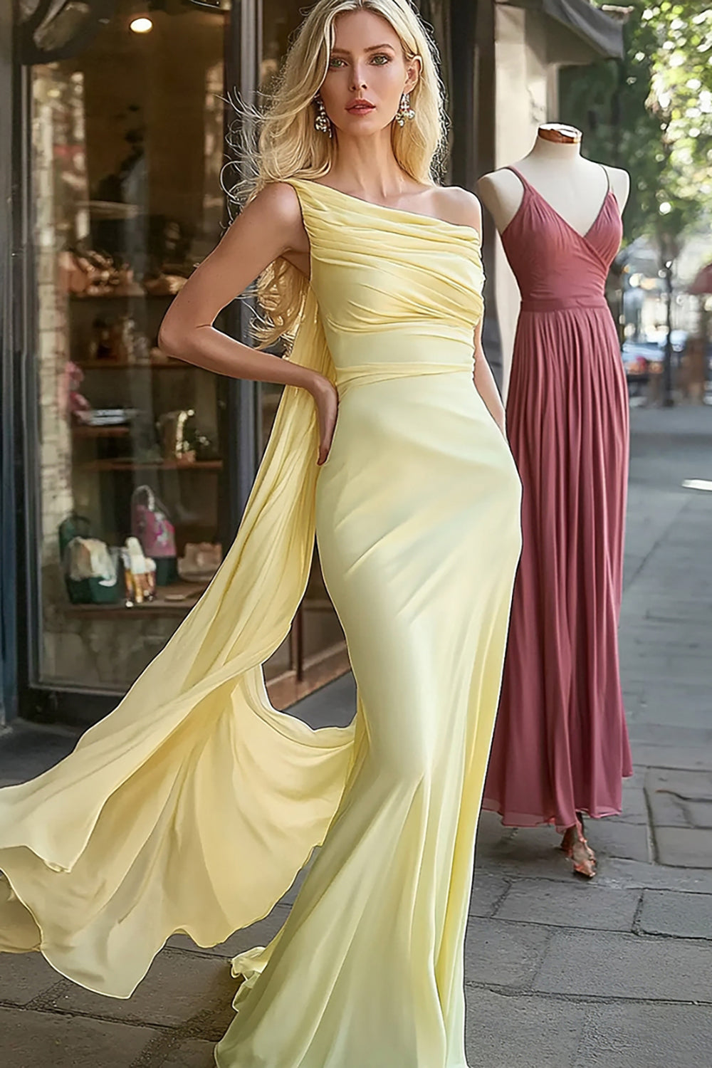 Daffodil Mermaid Chiffon One Shoulder Long Prom Dress with Sash