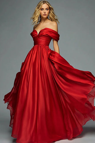Red Satin A Line Pleated Ruched Long Prom Dress