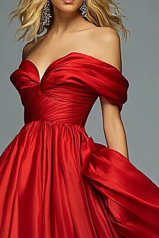 Red Satin A Line Pleated Ruched Long Prom Dress