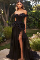 Load image into Gallery viewer, A Line Chiffon Off the Shoulder Long Black Tie Dress with Ruffles
