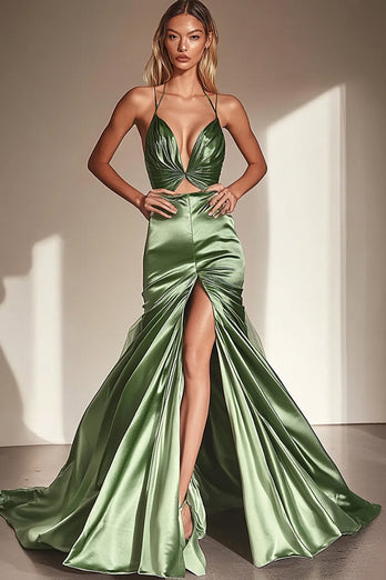 Dusty Sage Mermaid Satin Cut-Out Long Prom Dress with Slit