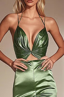 Load image into Gallery viewer, Dusty Sage Mermaid Satin Cut-Out Long Prom Dress with Slit