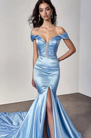 Load image into Gallery viewer, Sky Blue Satin Mermaid Off the Shoulder Long Prom Dress with Slit