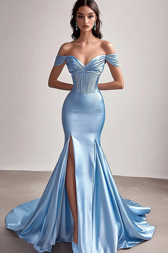 Sky Blue Satin Mermaid Pleated Long Prom Dress with Slit