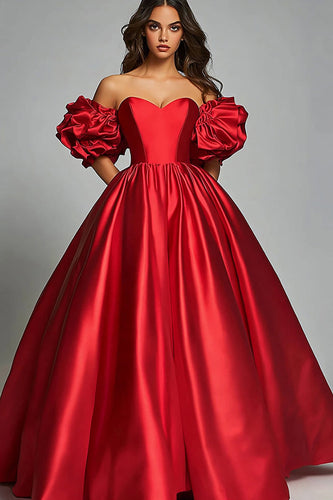 Red Satin Ball Gown Ruffled Long Prom Dress