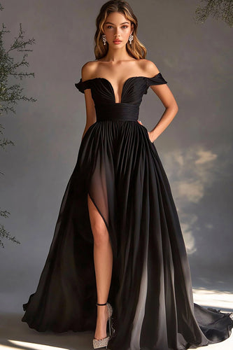 A Line Chiffon Pleated Long Black Tie Dress with Slit