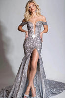 Load image into Gallery viewer, Sparkly Silver Sequins Mermaid Long Prom Dress with Slit