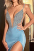 Load image into Gallery viewer, Sparkly Dusty Blue Mermaid Beaded Long Prom Dress with Slit