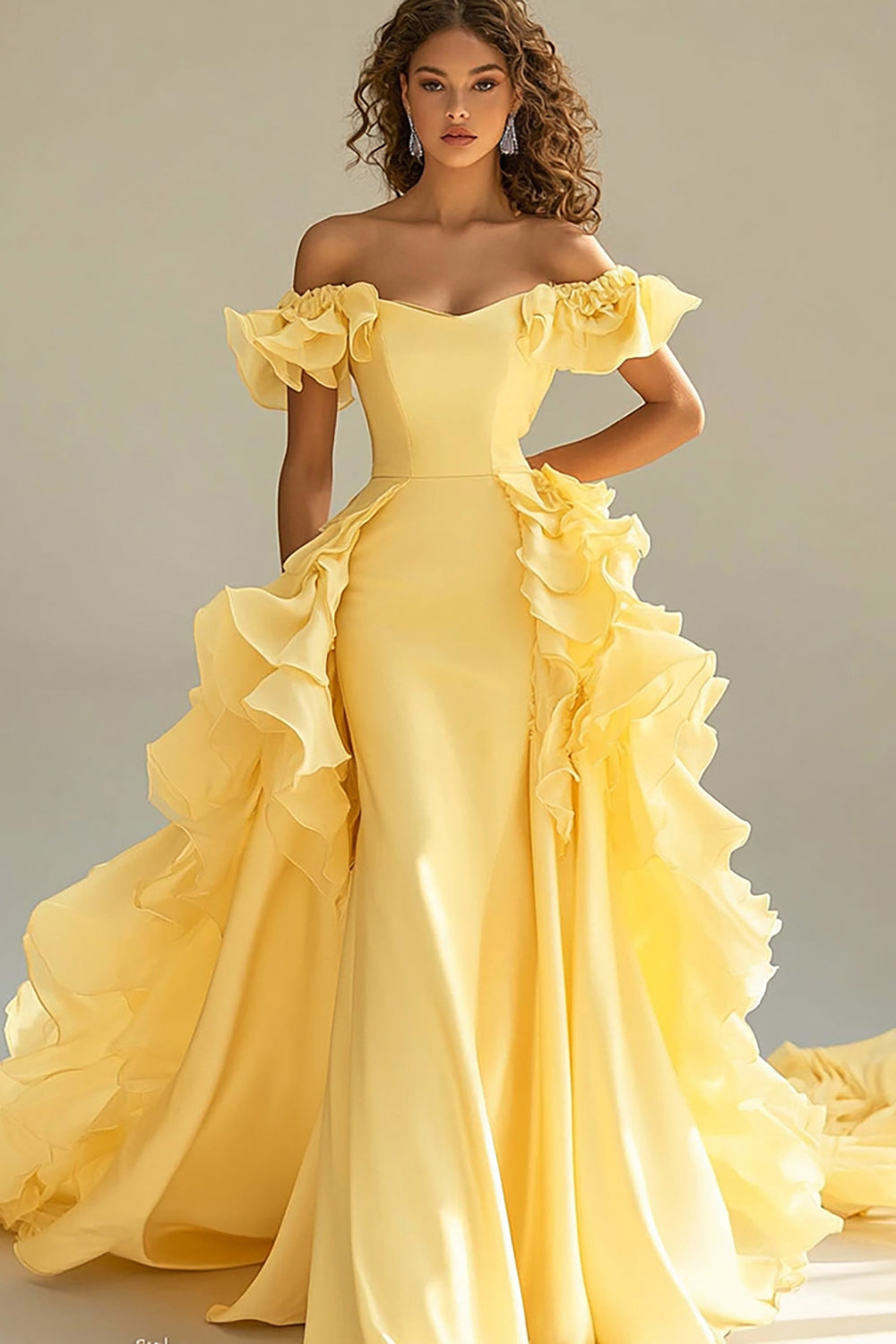 Yellow Mermaid Satin Long Prom Dress with Ruffles