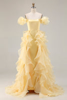 Load image into Gallery viewer, Yellow Mermaid Satin Long Prom Dress with Ruffles