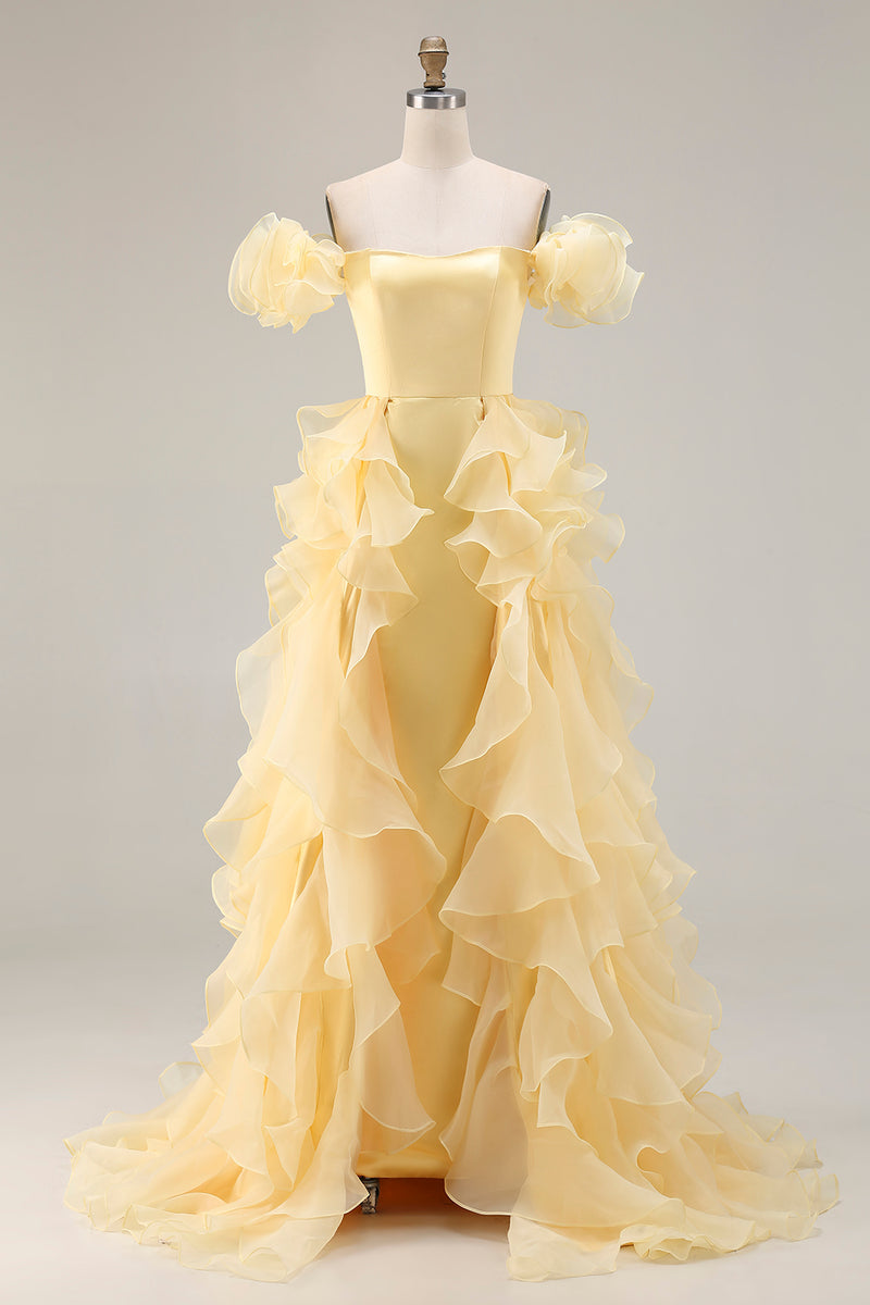 Load image into Gallery viewer, Yellow Mermaid Satin Long Prom Dress with Ruffles