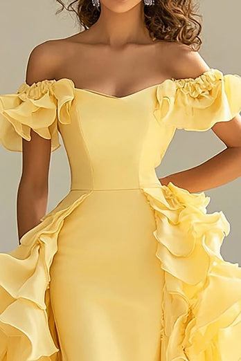 Yellow Mermaid Satin Long Prom Dress with Ruffles