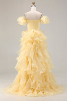 Load image into Gallery viewer, Yellow Mermaid Satin Long Prom Dress with Ruffles