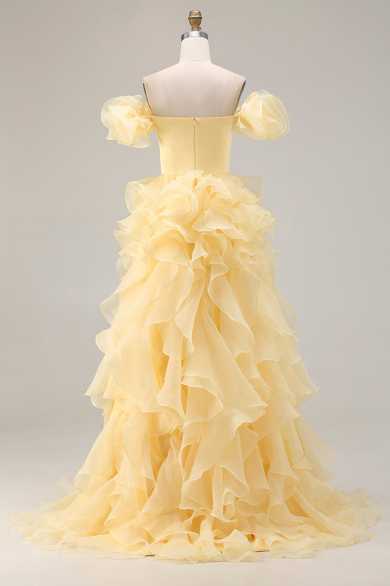 Load image into Gallery viewer, Yellow Mermaid Satin Long Prom Dress with Ruffles