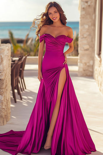 Fuchsia Mermaid Satin Ruched Long Prom Dress with Slit