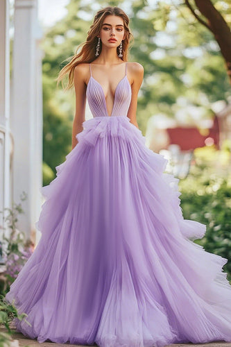 Lilac A Line Tulle Ruffled Long Prom Dress