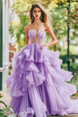 Lilac Tulle Ball Gown Tiered Long Prom Dress with Ruffles