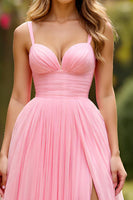 Load image into Gallery viewer, Pink A Line Chiffon Pleated Long Prom Dress with Slit