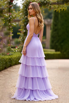 Lilac A Line Chiffon Tiered Long Prom Dress
