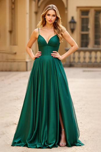 Dark Green A Line Satin Spaghetti Straps Long Prom Dress with Slit